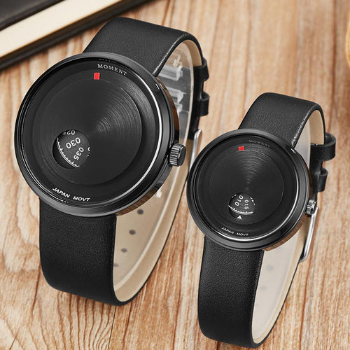Women Men Watch Blue Leather Simple Style Unique Turntable Design Creative Couple Lover Quartz Wrist Watches Clock 2019 Fashion