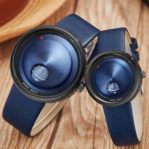Women Men Watch Blue Leather Simple Style Unique Turntable Design Creative Couple Lover Quartz Wrist Watches Clock 2019 Fashion