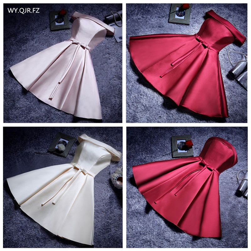 YLL034#Boat Neck Lace up Twill Satin Cloth pink red Bridesmaid Dresses Short Bride Wedding Party Toast Dress Gown Prom Wholesale