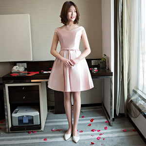 YLL034#Boat Neck Lace up Twill Satin Cloth pink red Bridesmaid Dresses Short Bride Wedding Party Toast Dress Gown Prom Wholesale