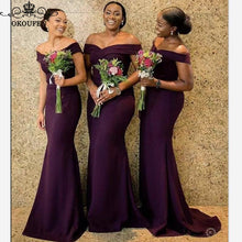 Load image into Gallery viewer, Sexy Off Shoulder Bridesmaid Dresses Wholesale Customize Purple Polyester Satin Long Mermaid Maid Of Honor Dress For Women