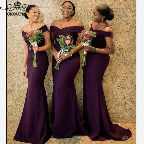 Sexy Off Shoulder Bridesmaid Dresses Wholesale Customize Purple Polyester Satin Long Mermaid Maid Of Honor Dress For Women
