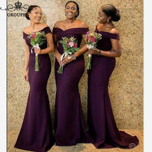 Load image into Gallery viewer, Sexy Off Shoulder Bridesmaid Dresses Wholesale Customize Purple Polyester Satin Long Mermaid Maid Of Honor Dress For Women